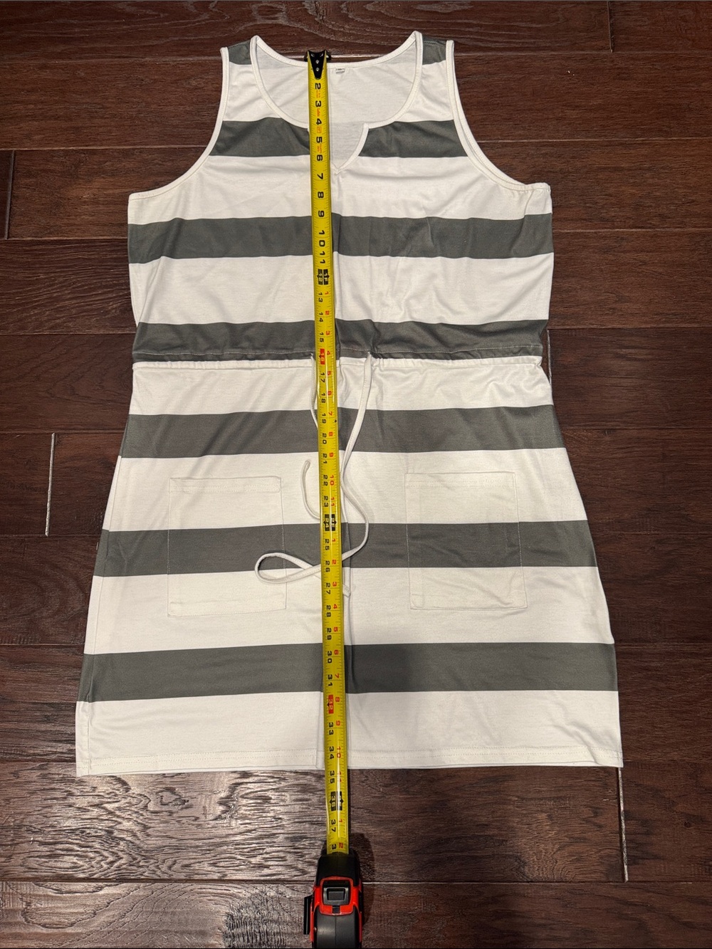 Striped Drawstring Tank Dress in White and Olive - Picture 4 of 6